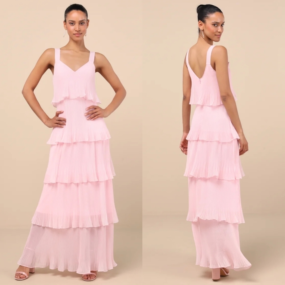 Lulus Elegant Nature Blush Pink Pleated Sleeveless Tiered Maxi Dress M Wedding